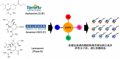 图2：以现有抗流感药物的结构为基础，进行多样性药物分子库的合成。